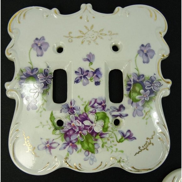 VIntage MCM Double Light Switch Cover Plates Lot Ceramic Floral Pink Purple - Picture 2 of 11